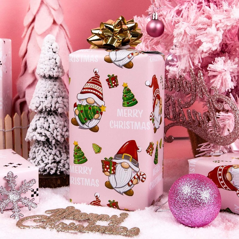 Retrify Christmas Wrapping Paper - 17 Inch x 32.8 Feet Mini Roll - Cute Red Green Gnome Snowflake Foil Girly Pink Gift Wrap Paper for Holiday Shower Party Celebration - Image 3